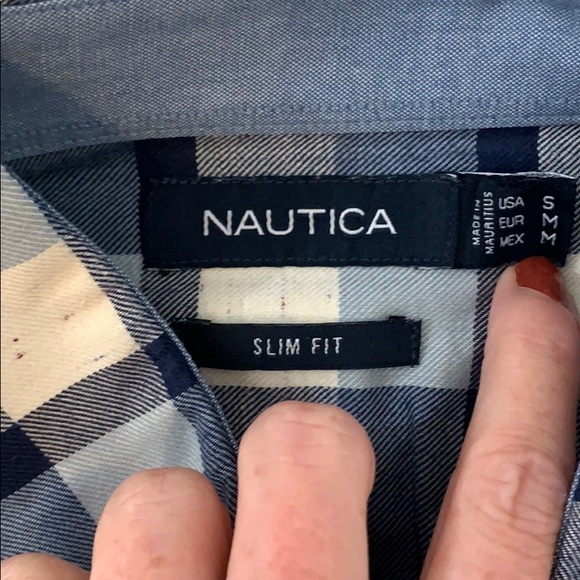 Nautica Slim Fit Blue & Cream Checked Long Sleeve Button Down Shirt, SMALL - Picture 5 of 6